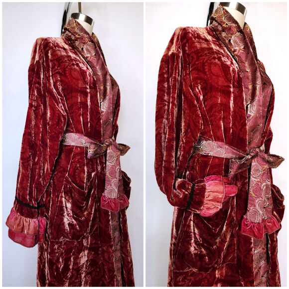 Vintage Velvet Silk Robe Duster Layering - Romantic Long Floral Layering XS S - Picture 8 of 10